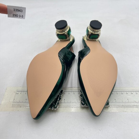 FSJ Green Crystal Square Buckle Pointed Toe Slingback Rhinestone Heel Pumps - Picture 7 of 8